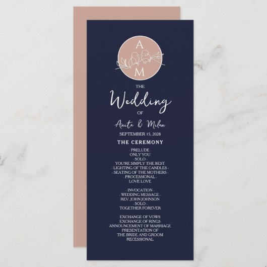 Elegant Blush en Navy Blue Script bruiloft program Programma (Voorkant / Achterkant)