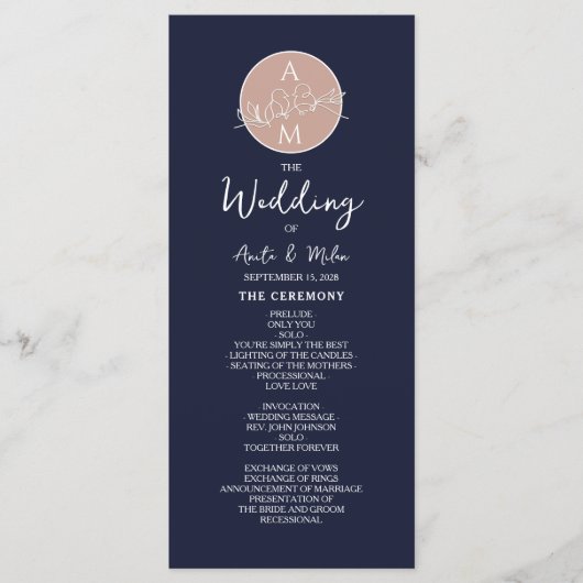 Elegant Blush en Navy Blue Script bruiloft program Programma (Voorkant)
