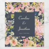 Elegant Blush en Navy Floral Custom Wedding Wijn Etiket (Enkel label)