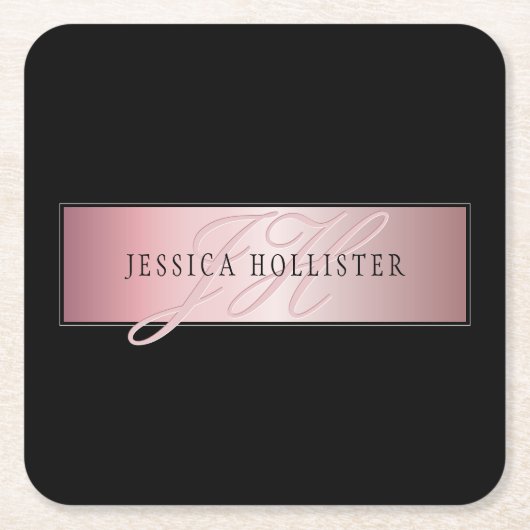 Elegant Blush Faux Roos Gold | Naam en Initiaal Vierkante Kartonnen Onderzetter (Voorkant)