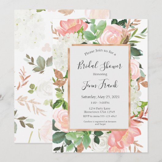 Elegant Blush Floral Bridal Shower Invitation Kaart (Voorkant / Achterkant)