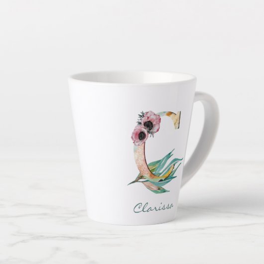 Elegant Blush Floral C Waterverf Foliage Monogram Latte Mok (Rechterhoek)