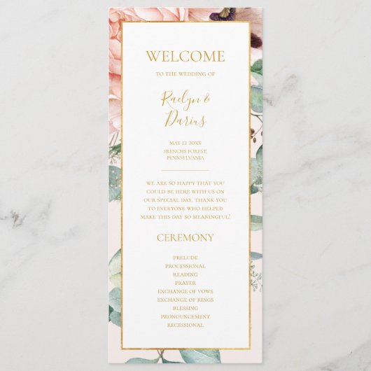 Elegant Blush Floral Garden | Pastel Wedding Programma (Voorkant)