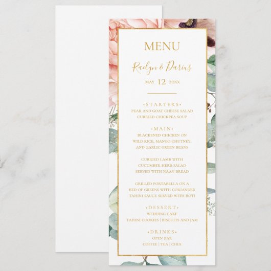Elegant Blush Floral Garden | Weddenschap Menu (Voorkant / Achterkant)