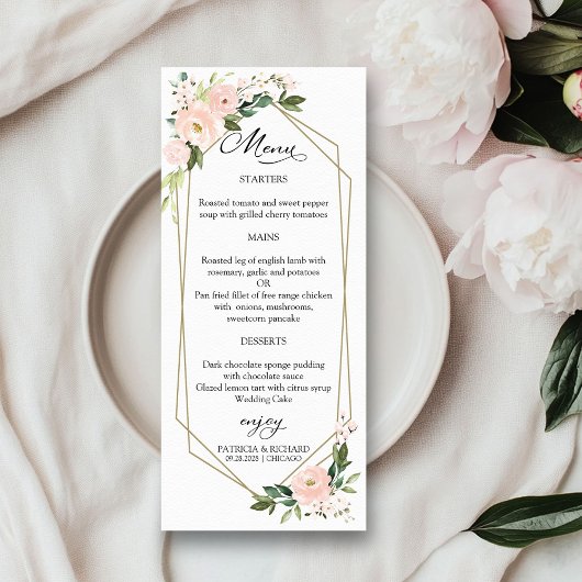 Elegant Blush Floral Geometric Wedding Menu Kaarte
