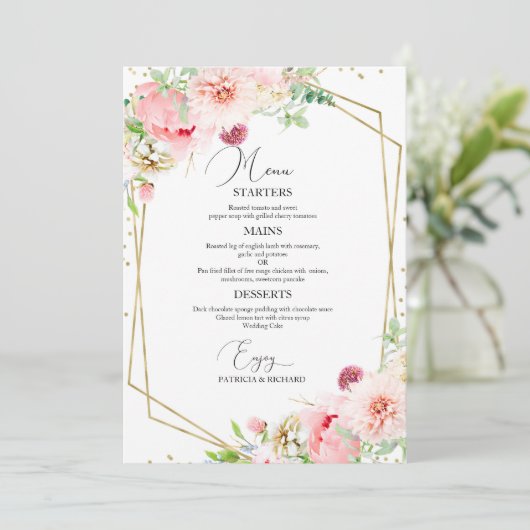 Elegant Blush Floral Geometrisch Bruiloft Menu Kaa (Staand voorkant)