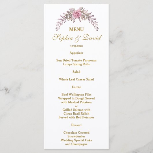Elégant Blush Floral Gold Frame Menu Mariage (Devant)