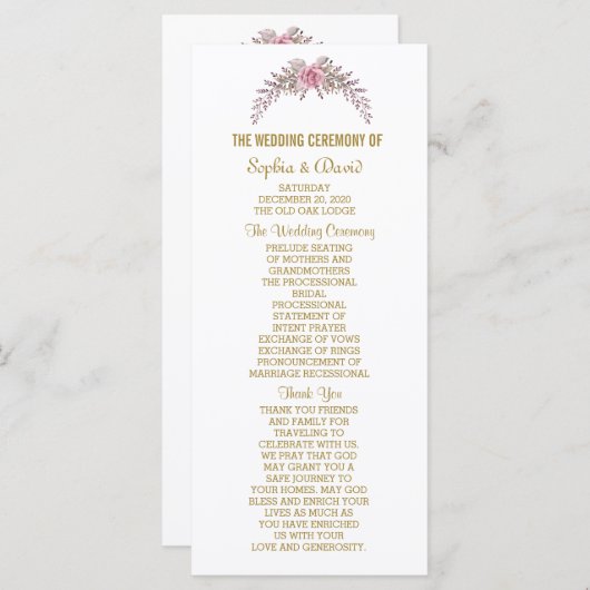 Élégant Blush Floral Gold Frame Programme de maria (Devant / Derrière)