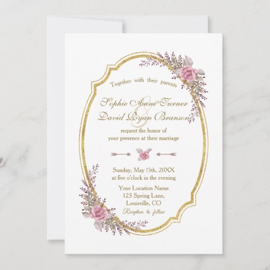 Elegant Blush Floral Gold Lijst Weddenschap Invite Kaart (Voorkant)