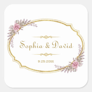 Elegant Blush Floral Gold Lijst Wedding Vierkante Sticker