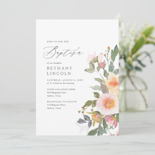 Elegant Blush Floral Greenery Girl Baptisme Kaart (Staand voorkant)