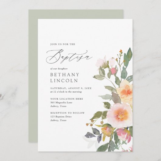 Elegant Blush Floral Greenery Girl Baptisme Kaart (Voorkant / Achterkant)
