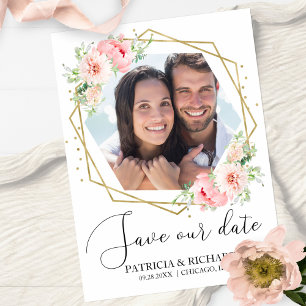 Elegant Blush Floral Photo Wedding Save the Date Kaart