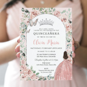 Elegant Blush Floral Princess Silver Quinceañera Kaart