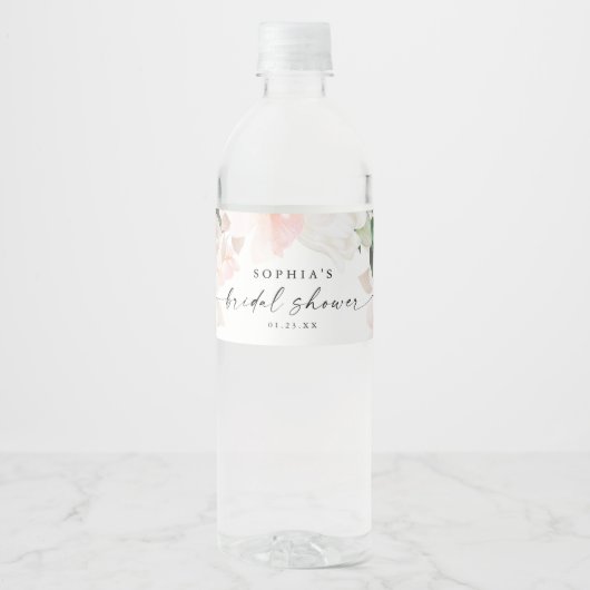 Elegant Blush Floral Vrijgezellenfeest Favors Waterfles Etiket (Voorkant)