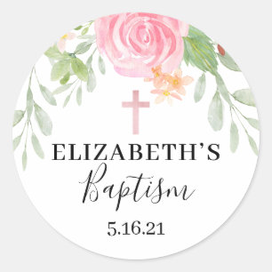 Elegant Blush Floral Waterverf Baptisme  Ronde Sticker
