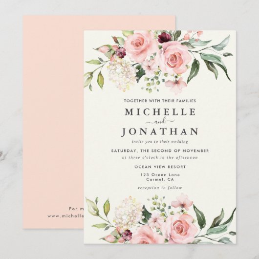 Elegant Blush Floral Wedding Invitation - Cream Kaart (Voorkant / Achterkant)