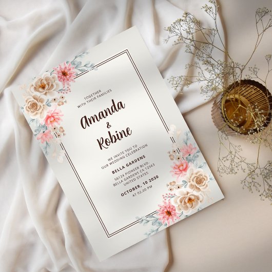 Elegant Blush Floral Wedding Invitation Kaart