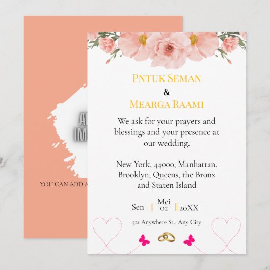 Elegant Blush Floral Wedding Invitation with Gold (Devant / Derrière)
