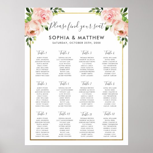 Elegant Blush Floral Wedding Seating Chart Poster (Voorkant)