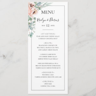 Elegant Blush Floral Zwarte Lijst Weddenrennen Menu