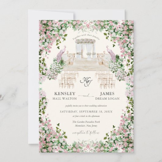 Elegant Blush Garden Wedding with Monogram  Kaart (Voorkant)