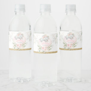 Elegant Blush Gold Floral Baby Elephant Shower Waterfles Etiket