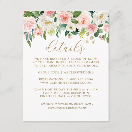 Elégant Blush Gold Floral Mariage Détails Cartes (Devant)