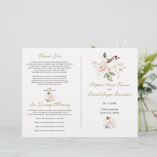 Élégant Blush Gold Flowers Programme de mariage (Debout devant)