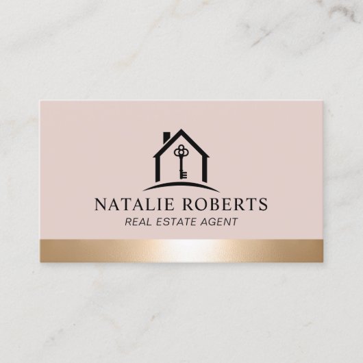 Elegant Blush & Gold House Logo Real Estate Agent Visitekaartje (Voorkant)