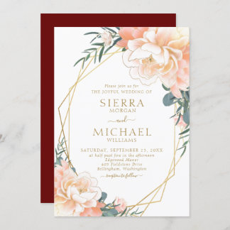Elegant Blush Gold Peach Burgundy Floral Wedding Kaart