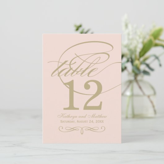 Élégant Blush Gold Script Mariage Numéro de table (Debout devant)