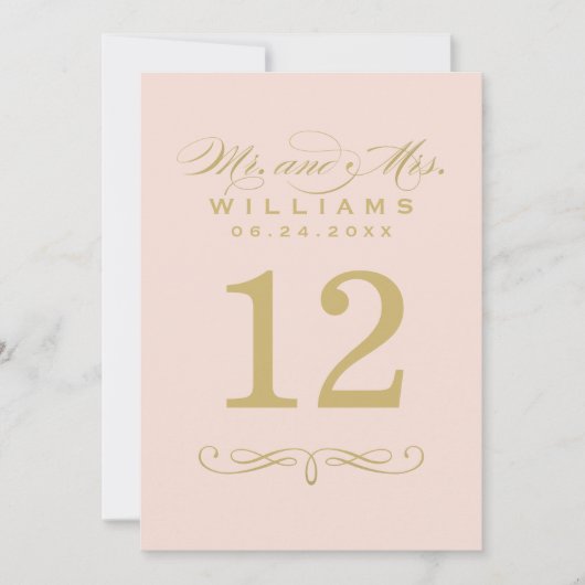Elegant Blush Goud Script Trouwtafel Nummer Kaart (Voorkant)