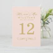 Elegant Blush Goud Script Trouwtafel Nummer Kaart (Staand voorkant)