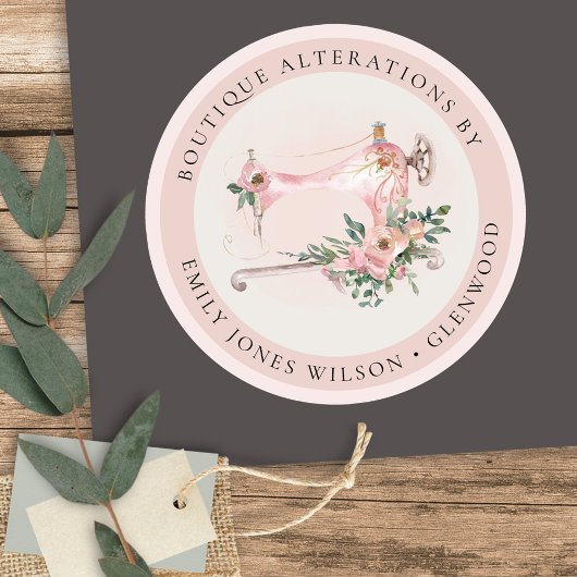Elegant Blush Gray Sewing Machine Floral Tailor Ronde Sticker