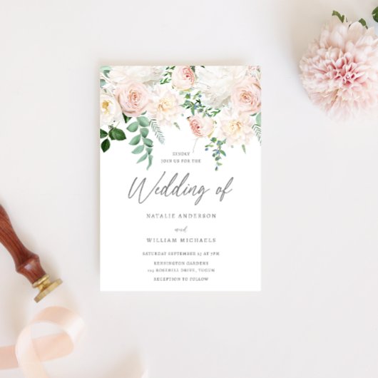 Elegant Blush & Ivory White Floral Wedding Kaart