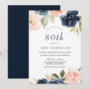 Elegant Blush & Navy Floral 80th Birthday Party Kaart
