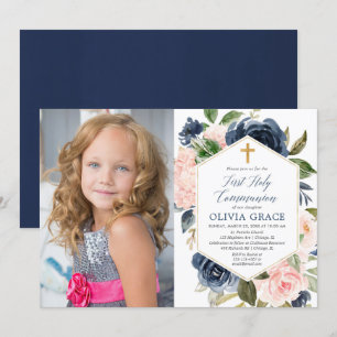Elegant blush navy girl eerste heilige communiquef kaart