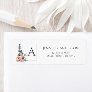 Elegant Blush Peach Blue Floral Initiaal Address Etiket