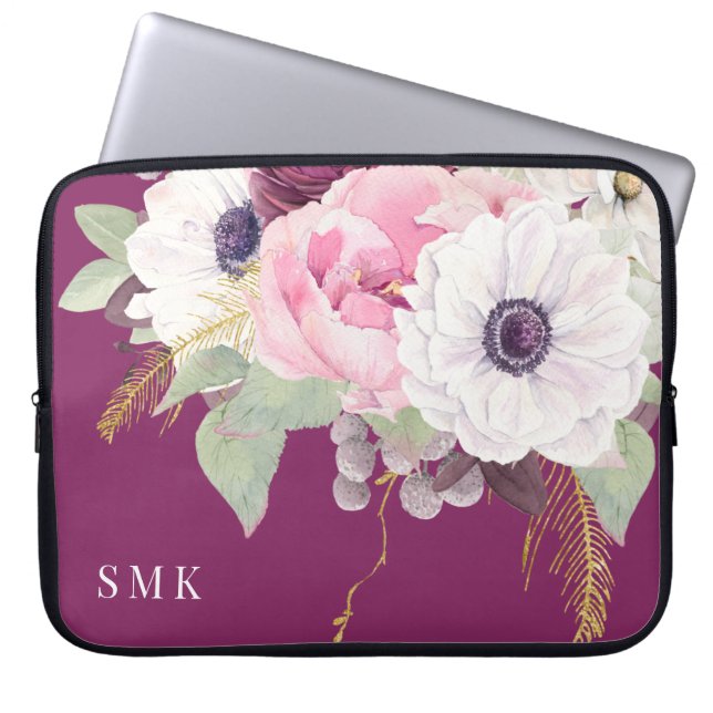 Elegant Blush Peony Eucalyptus Floral Monogram Laptop Sleeve (Voorkant)
