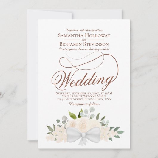 Elegant Blush Perzik Bloemboeket QR Code Bruiloft Kaart (Voorkant)