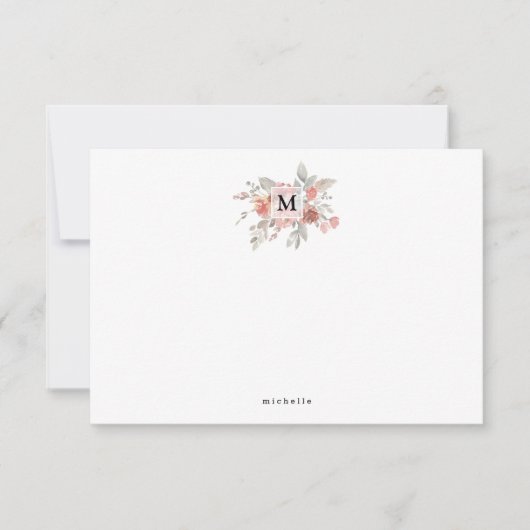 Elegant Blush Pink Bloemmonogram Notitiekaartje (Voorkant)