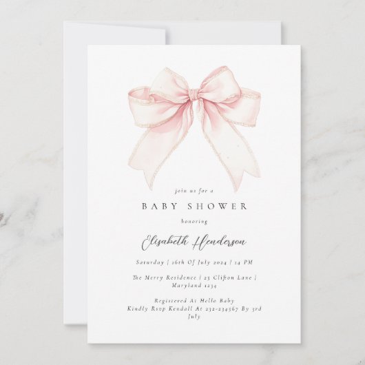 Elegant Blush Pink Bow Baby shower Uitnodiging (Voorkant)