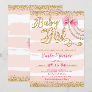 Elegant Blush Pink Bow Pearl Girly Baby shower Kaart