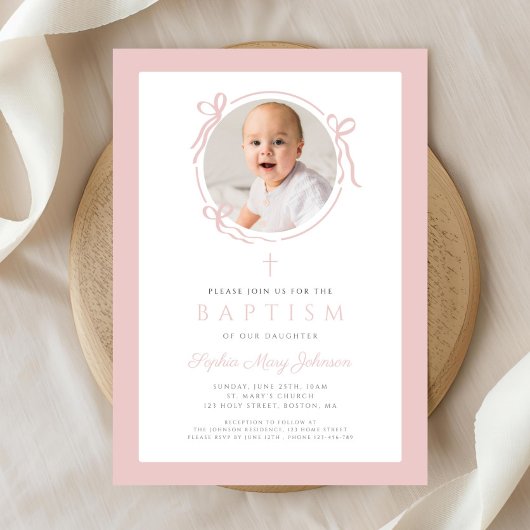 Elegant Blush Pink Bow Photo Baptism Kaart