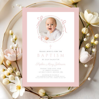 Elegant Blush Pink Bow Photo Baptism Kaart