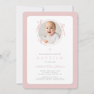 Elegant Blush Pink Bow Photo Girl Baptism Kaart
