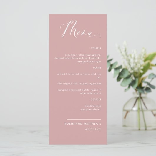 Elégant Blush Pink Calligraphy Menu Mariage (Debout devant)