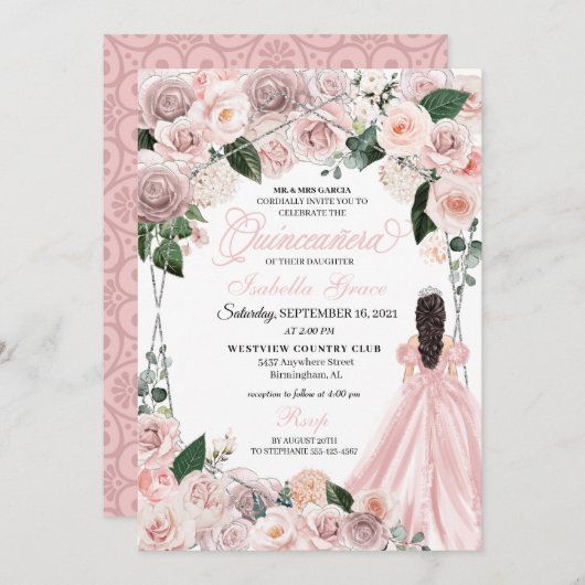 Elegant Blush Pink en Silver Floral Quinceanera I Kaart (Voorkant / Achterkant)