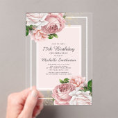 Elegant Blush Pink Floral 75th Birthday Acryl Uitnodigingen (Insitu (Draagbaar))
